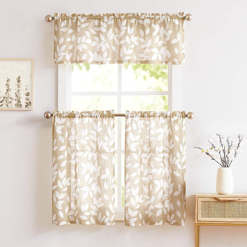Treatmentex Leaf Valance Window Curtain for Kitchen Basement Bedroom 52" W x 15" L Taupe and White 1 Panel - Image 5